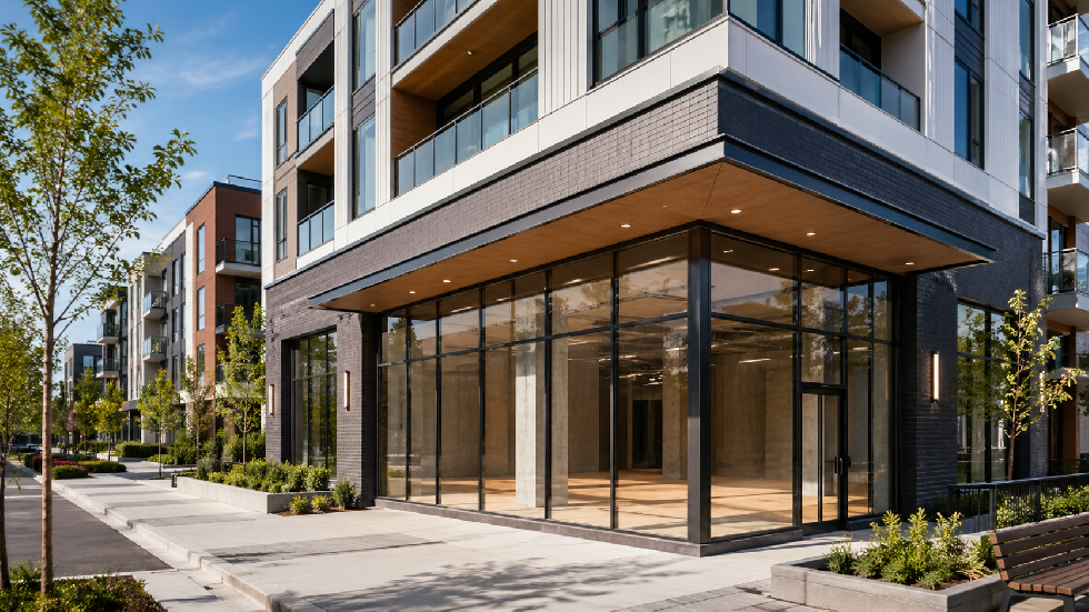 Nowoczesny lokal handlowy od dewelopera na parterze nowego budynku mieszkalnego z dużymi przeszkleniami i uporządkowanym otoczeniem.